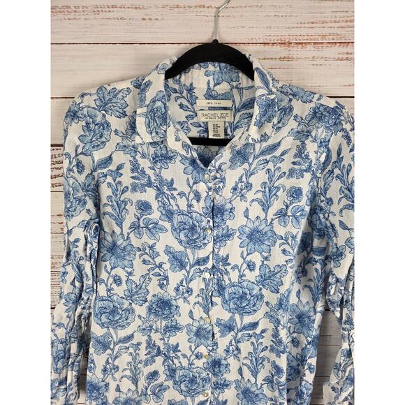 Rachel Zoe Button Front Top M Womens 100% Linen White Blue Floral Long Sleeve - Picture 2 of 7